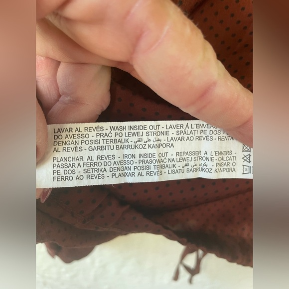 Zara Basics brown / black Swiss dot button up silky blouse, drawstring hem; S - Picture 6 of 8